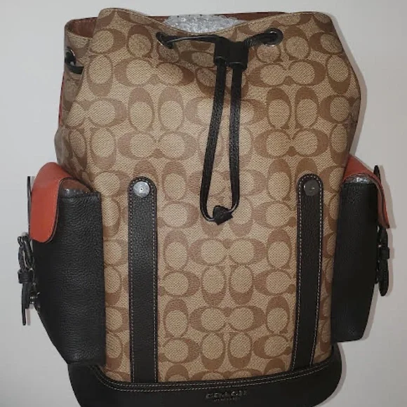 NWT COACH Signature Hudson Backpack in Colorblock Canvas Khaki/ Terracotta - Picture 7 of 14